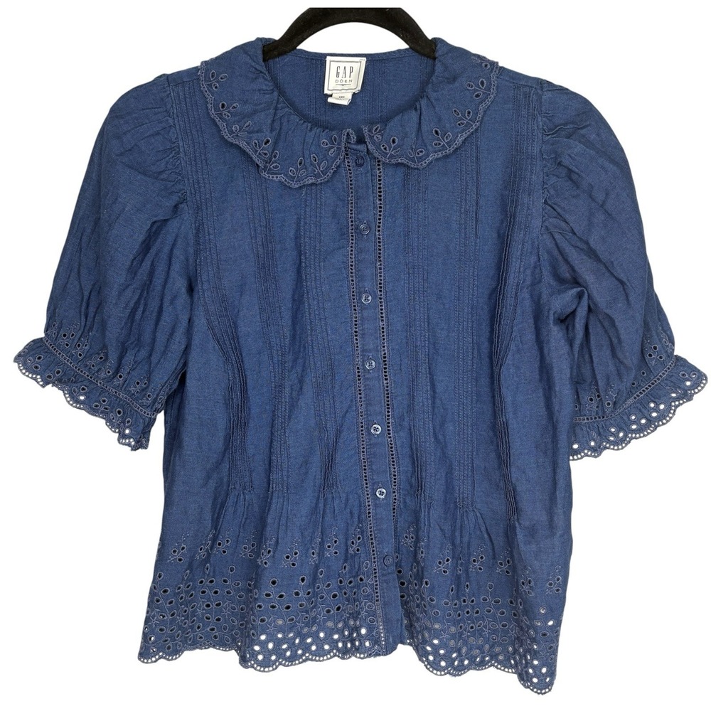 GAP X Doen Eyelet Lace Top XXS Boho Cottage Embroidered Ruffle Short Sl Romantic